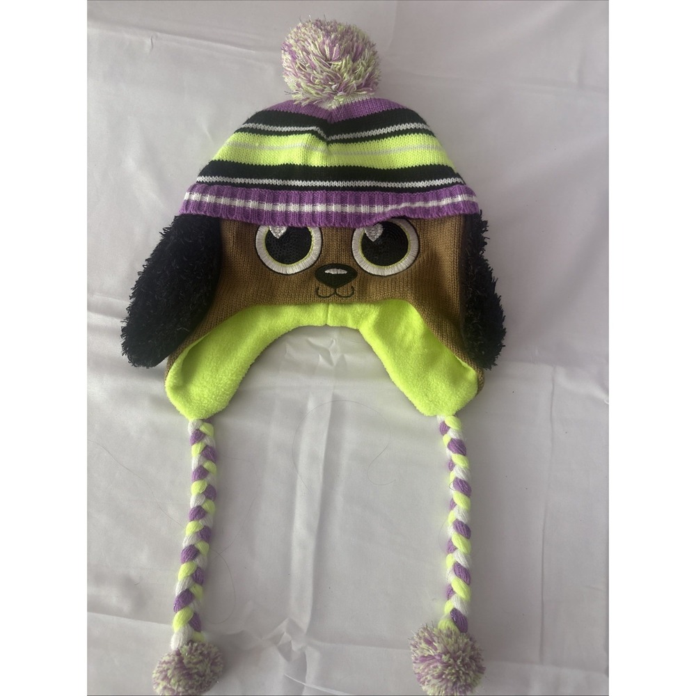 Justice Girls Puppy Dog Winter Hat Braids Green Brown Purple Knit Trapper Cap OS